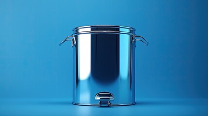 Shiny metallic trash can on a smooth blue background, emphasizing cleanliness and modern design