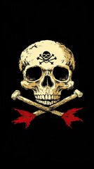 Skull and Crossbones Design Featuring Red Flags on a Black Background