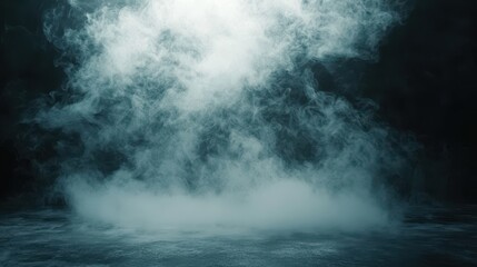 Fototapeta premium Dark teal smoke fills a dark room, creating a mysterious atmosphere. Ideal for backgrounds, enhancing suspense, mystery, or fantasy themes in designs.