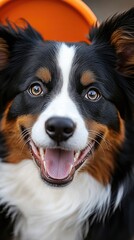 Fototapeta premium Close-Up of a Happy Dog Outdoors with Vibrant Orange Background and Natural Lighting