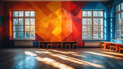 Vibrant geometric mural in a spacious room with sunlight casting shadows on the floor