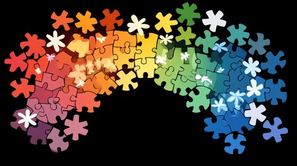 Abstract Jigsaw Puzzle Pieces in Rainbow Colors Creating an Arch Shape against Black Background