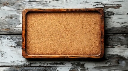 Wooden corkboard on rustic wooden table, empty for notes or reminders, ideal for organization