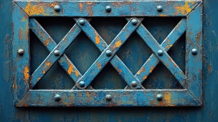 Close-up of a weathered blue metal gate featuring a diamond pattern with rust and peeling paint
