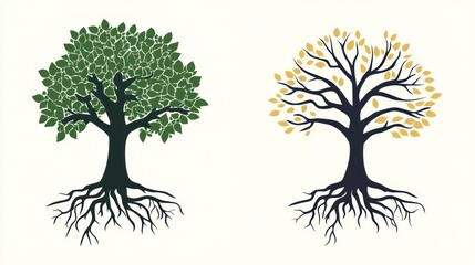 Obraz premium Two trees, summer and autumn, roots, white background, nature illustration
