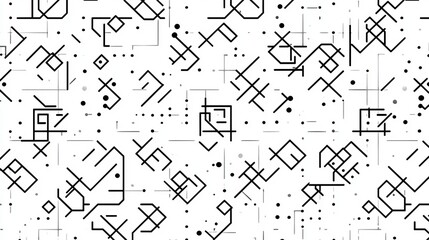 Abstract Lines and Shapes Seamless Pattern on White Background with Random Dots and Small Circles