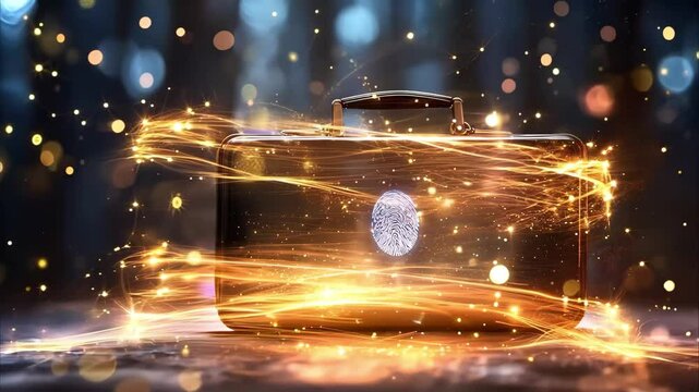 A glowing suitcase with a fingerprint design, surrounded by sparkling light effects, suggesting mystery or security.