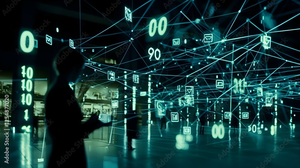 Aufkleber futuristic digital network connection, glowing lines and data, person interacting with technology. i