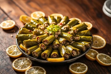 Fototapeta premium Stuffed Grape Leaves with Lemon Slices on Wooden Table