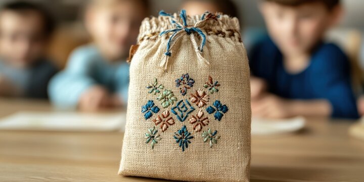 passover tradition, a close-up of the hidden afikoman inside an embroidered bag, with children eagerly searching in the blurred background at the seder