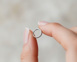 A close-up of a hand holding a delicate silver ring with a soft background, symbolizing love and commitment.