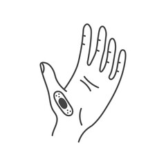 Open Palm of Hand with Adhesive Bandage. Outline gesture with medical sticking plaster. Injury protection and wound recovery symbol. First aid and healthcare sign. Vector illustration