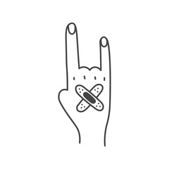 Fototapeta premium Human Hand with Adhesive Bandages Line illustration. Doodle gesture with Horns pose and Medical Plaster. Vector Healthcare Injury Wound recovery and protection design