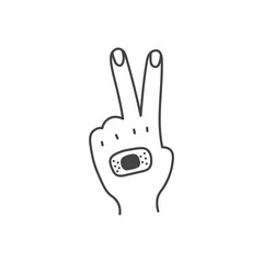 Fototapeta premium V sign with Adhesive Bandage. Outline hand gesture with band aid. Doodle finger pose with medical plaster. Vector illustration