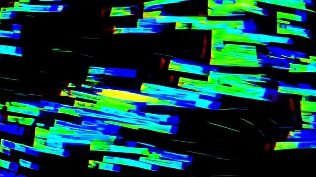 High-tech digital decay featuring fragmented code elements against deep black background. Electric blue and neon green data streams dissolve into corruption patterns.