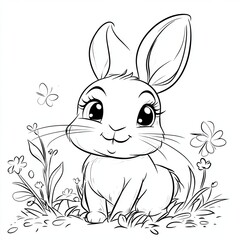 Adorable Bunny Rabbit in a Meadow Simple Coloring Page Illustration