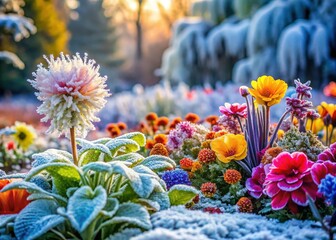 Frost Covered Garden Flowers Intricate Winter Wonderland Backdrop Stock Photo