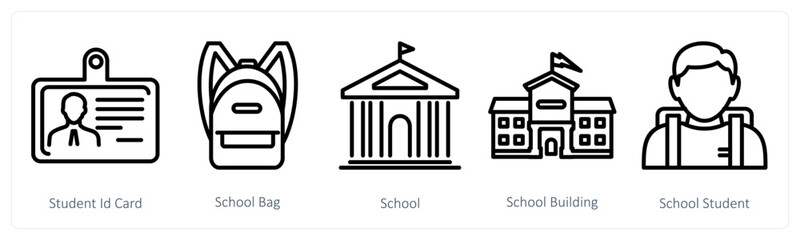 A set of 5 education icons as student id card, school bag, school
