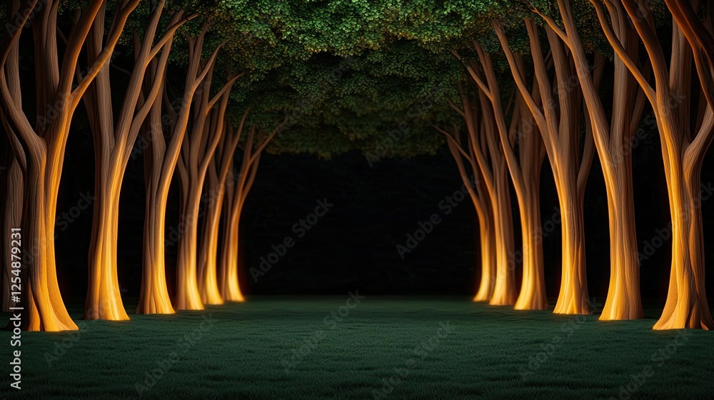 Poster glow forest idea. enchanting illuminated trees create a serene pathway in a dark forest setting.