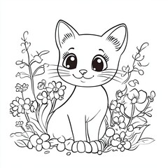Obraz premium Adorable Cartoon Cat with Flowers Simple Coloring Book Page Illustration