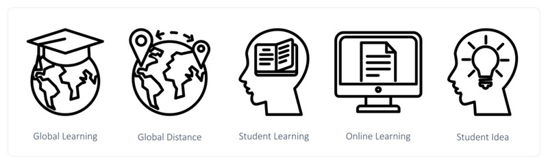 A set of 5 education icons as global learning, global distance, student learning