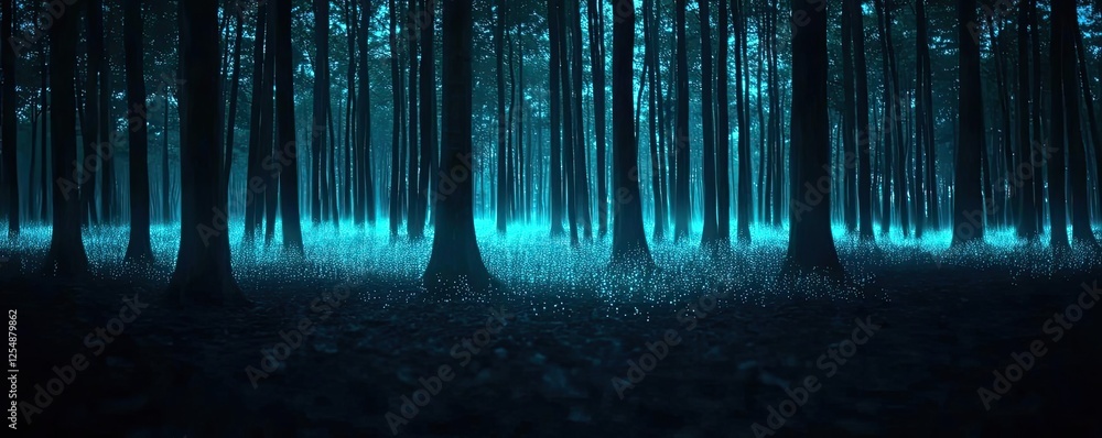 Poster glow forest idea. a mystical forest illuminated by ethereal blue lights, creating an enchanting atmo