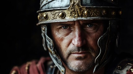 Portrait of a determined roman soldier with intense gaze
