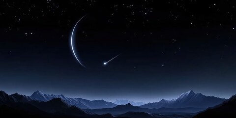 Obraz premium Amazing Night Sky Over Serene Mountain Landscape with Shooting Star and Crescent Moon