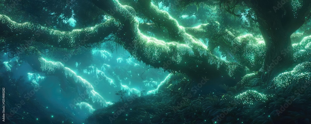 Poster glow forest concept. a mystical forest scene with glowing trees and ethereal light illuminating the 