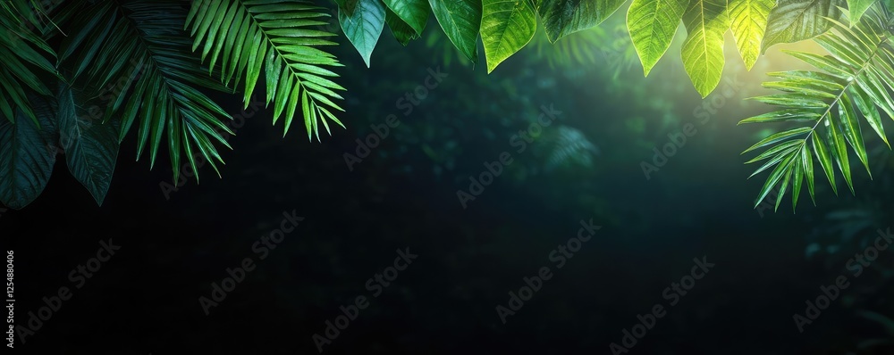 Poster glow forest idea. lush green leaves illuminated by soft light create a tranquil forest atmosphere.