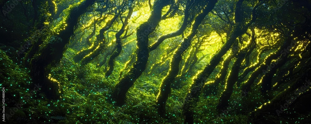 Poster glow forest concept. lush forest with twisting trees and vibrant greenery creating a serene atmosphe