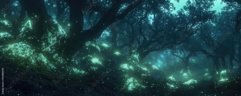 Poster glow forest concept. enchanted forest with glowing plants creating a magical and serene atmosphere.