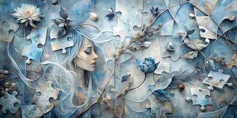 Ethereal Woman Surrounded by Nature and Puzzle Pieces in Blue Tones