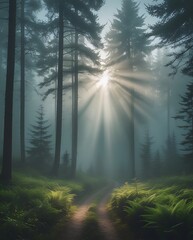 Misty forest scenery with sunbeams breaking through tall trees, highlighting a serene natural trail. A perfect scene of peace, beauty, and connection with nature.

