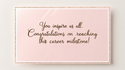 greeting card for career achievement, promotion or new job with a pink background and a golden font displaying the message You inspire us all. congratulations on reaching this career milestone.