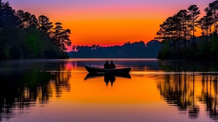 Romantic couple silhouetted in a boat at sunset on a calm lake, surrounded by trees.  Image evokes tranquility and peace.
