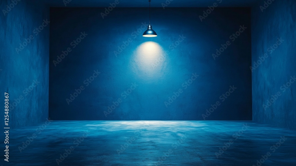 Poster a captivating space with vibrant blue walls and a glowing overhead light casts striking shadows. the