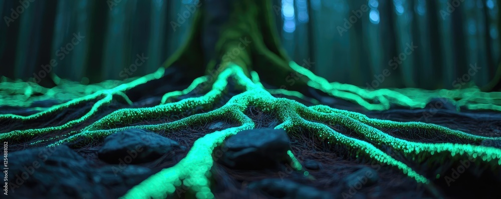 Aufkleber glow forest concept. mystical tree roots illuminated by soft green light in a dense forest setting.