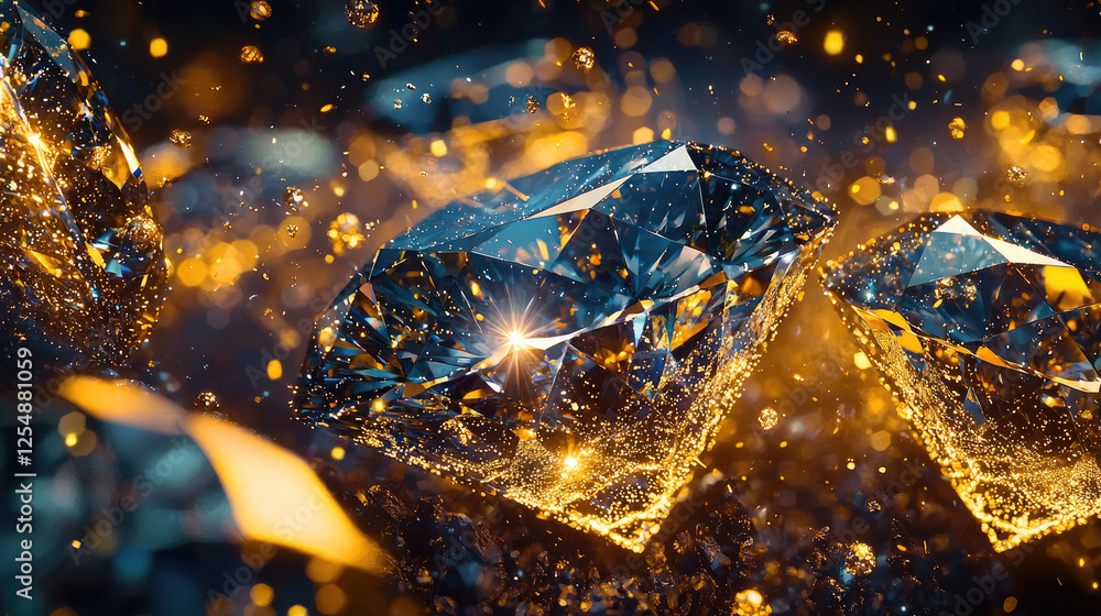 Poster sparkling diamonds illuminated by golden light, creating a luxurious and enchanting scene