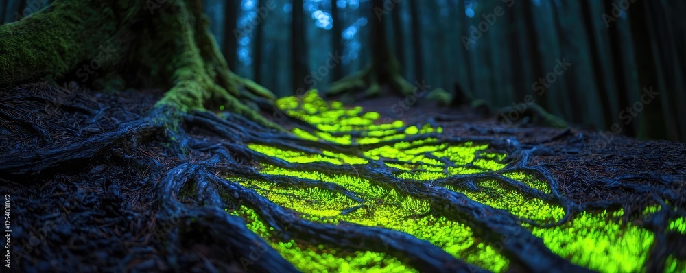 Poster glow forest concept. vibrant moss and tree roots illuminated by soft blue light in a tranquil forest