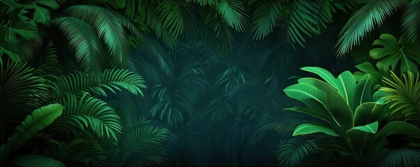 Glow forest idea. Lush green foliage creating a serene and vibrant jungle atmosphere.