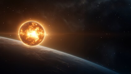 A fiery orange star illuminates a dark blue planet's horizon in a vast, star-filled space scene