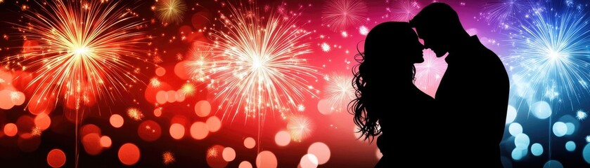 Obraz premium Couple Silhouette, Fireworks, Celebration, Romantic, Night