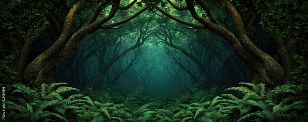 Poster glow forest idea. a serene forest scene with lush greenery and mysterious light filtering through tr