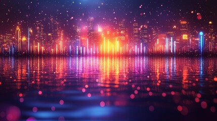 Fototapeta premium Neon cityscape reflected in water, vibrant night view, suitable for background use
