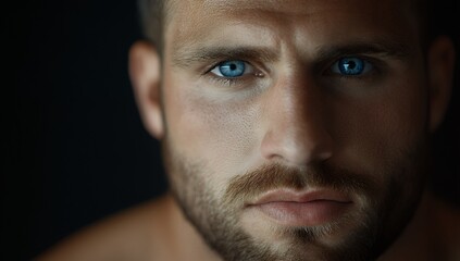 Fototapeta premium Close-up portrait of a man with intense blue eyes and a short beard, showcasing his strong facial features