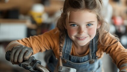 A cute freckled girl with pigtails smiles while working on a motorbike in a workshop