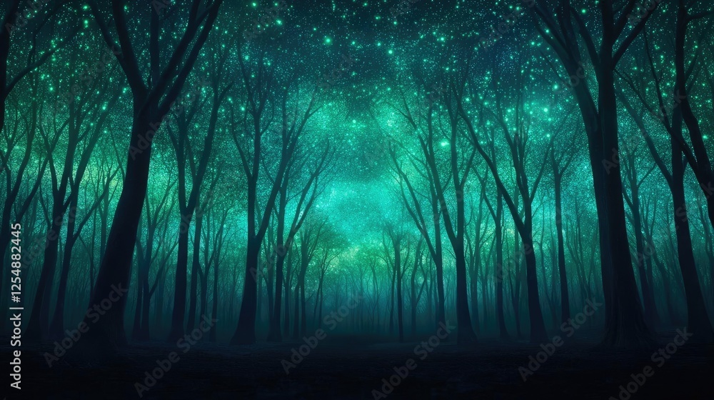 Poster glow forest idea. a mystical forest illuminated by stars and ethereal green light creating a surreal