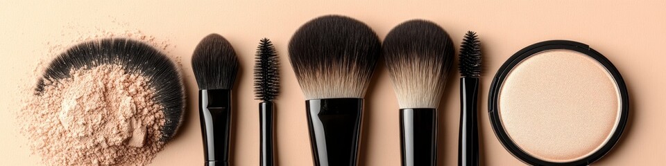 Makeup Brushes and Loose, Compact Face Powder on a Soft Peach Background. High-Angle View.