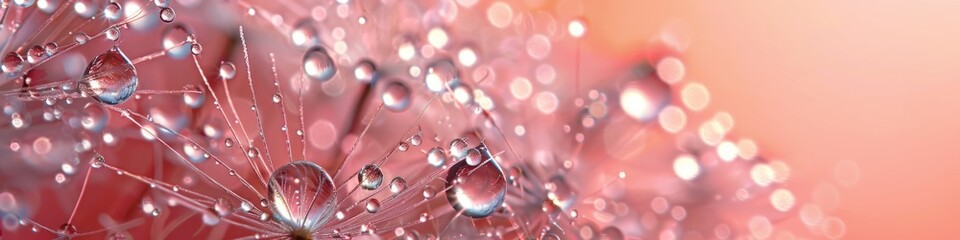 Stunning close-up of a dandelion covered with dew droplets on a pink background. The idea of the gentle beauty of nature.
